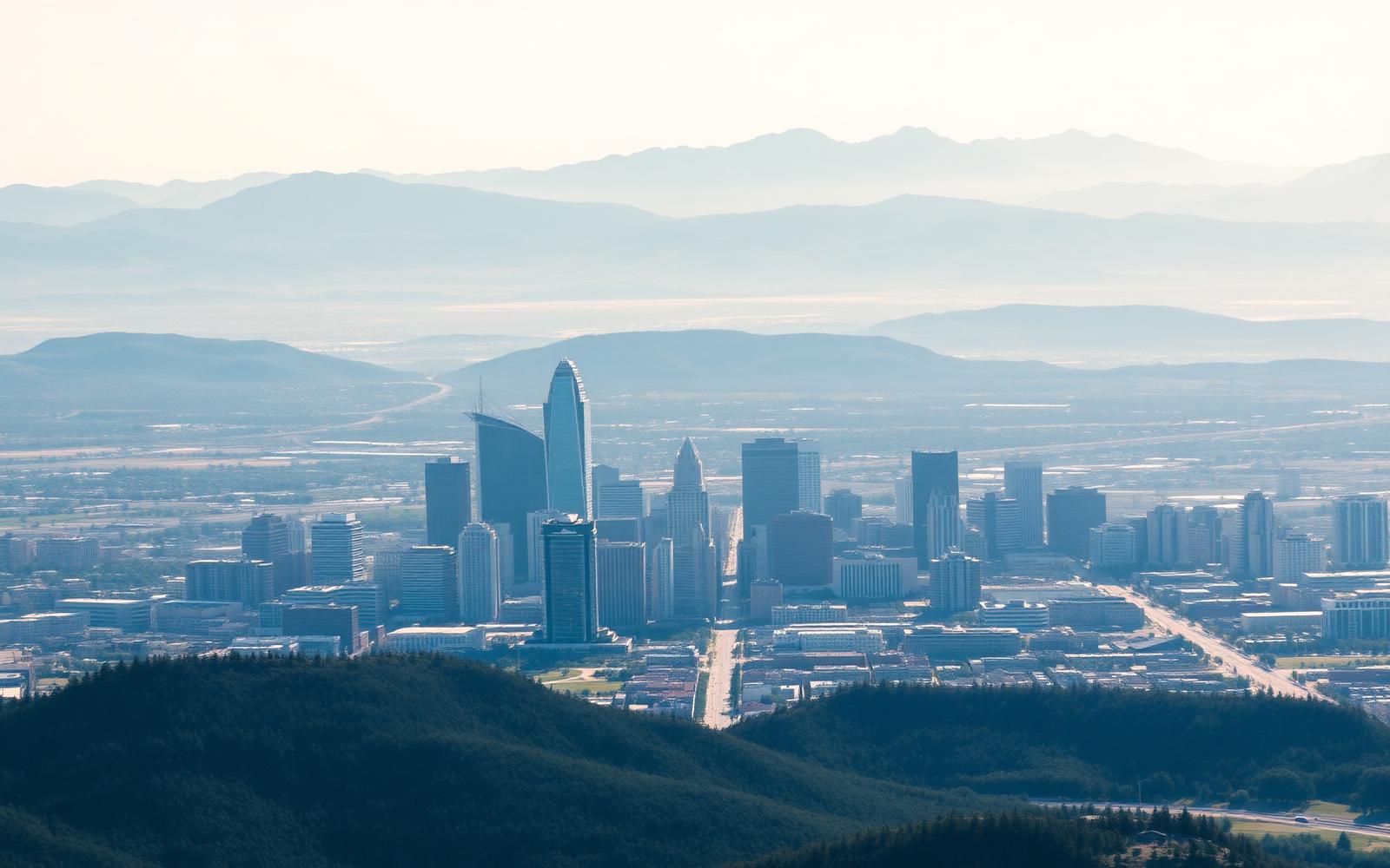 Bright western city skyline with mountains