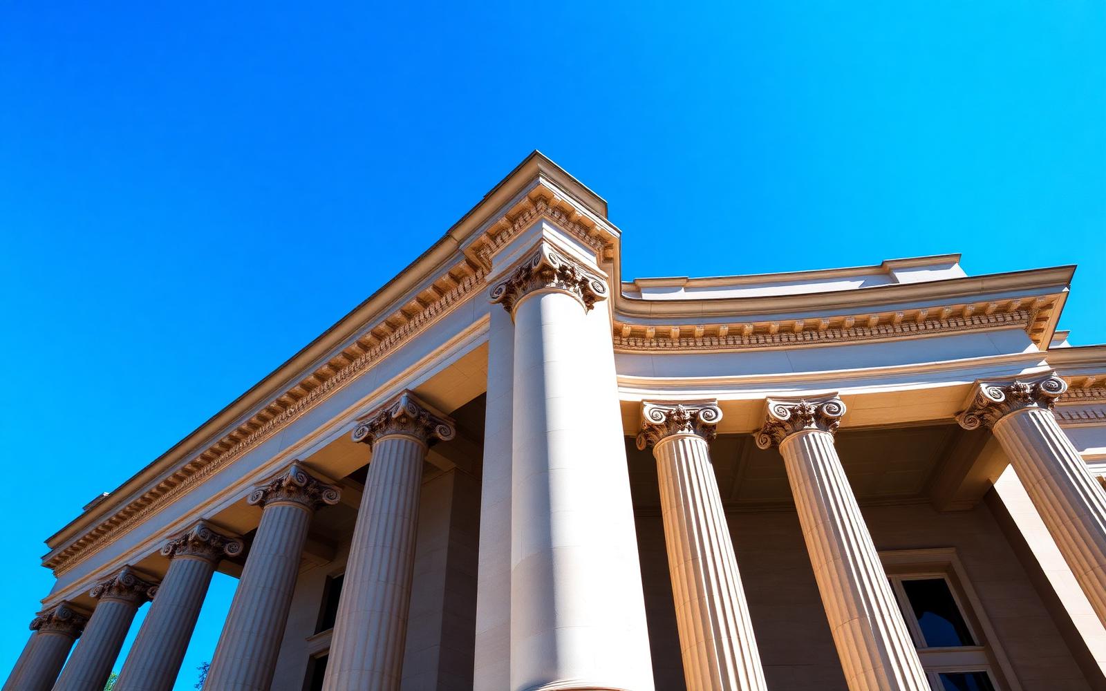 Sunlit classical limestone bank facade