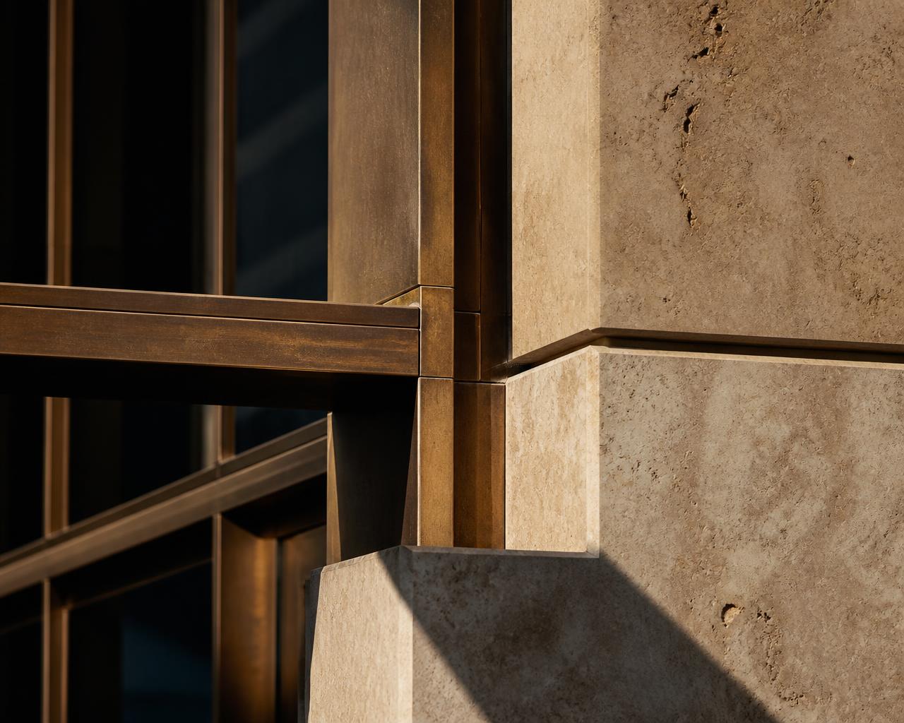 Precise bronze and travertine structural joint in warm daylight