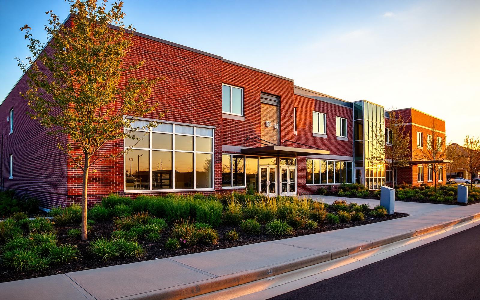 Completed mixed-use building at golden hour