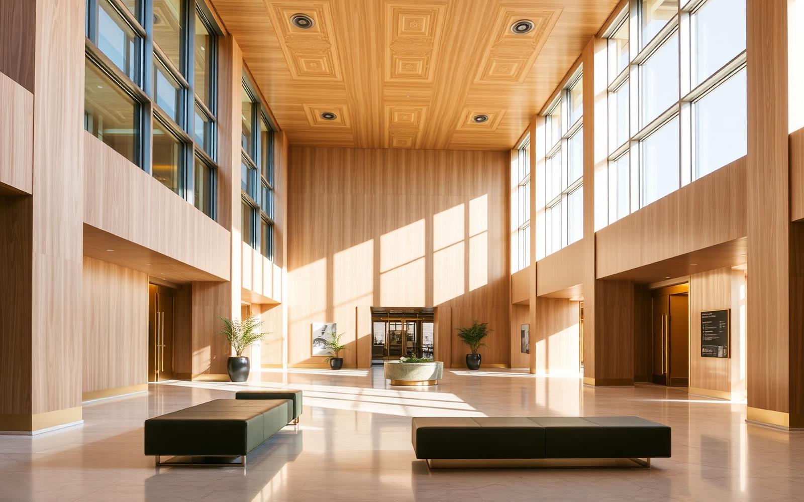 Bright oak-and-stone lobby