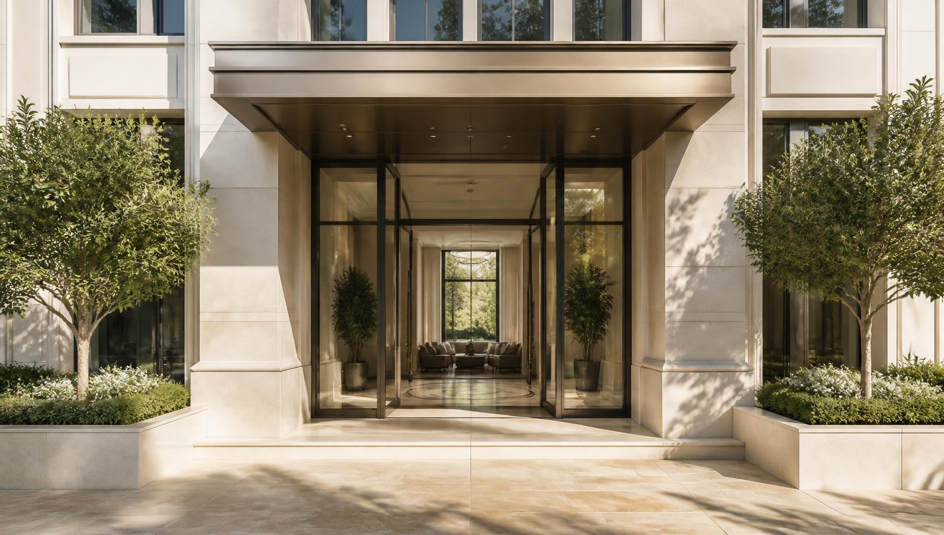Refined limestone building entrance with tall glass doors in bright daylight