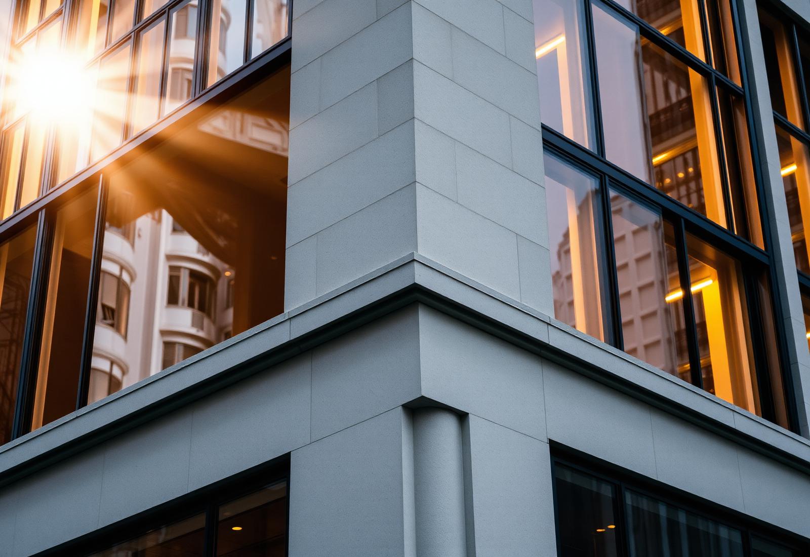 Warm architectural corner detail in late daylight