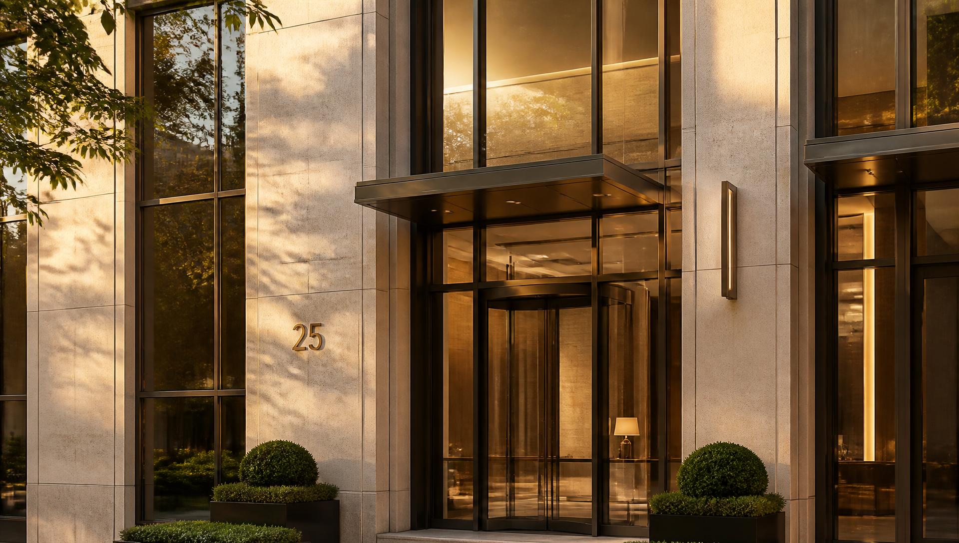Premium limestone and bronze building entrance in warm golden-hour light